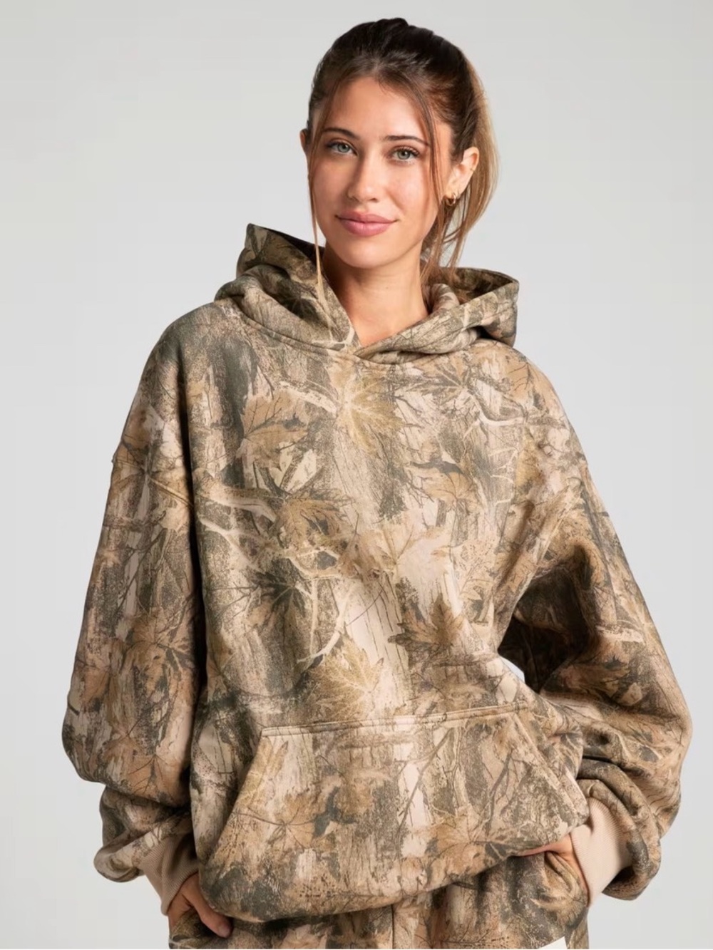 Mens Camo Hooded Pullover Sweatshirt - Tan & Green